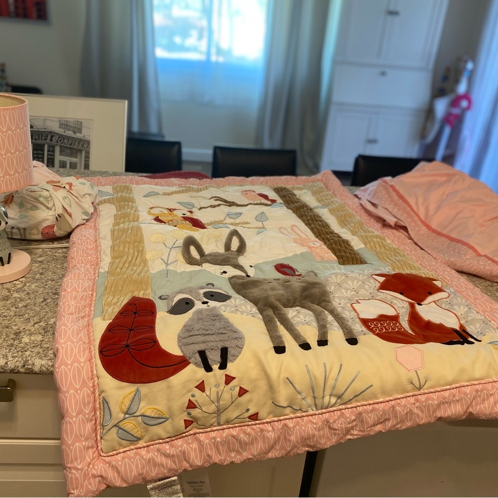 Lambs and Ivy Woodland Animal Baby Quilt, Blanket , Skirt, Sheet and Lamp